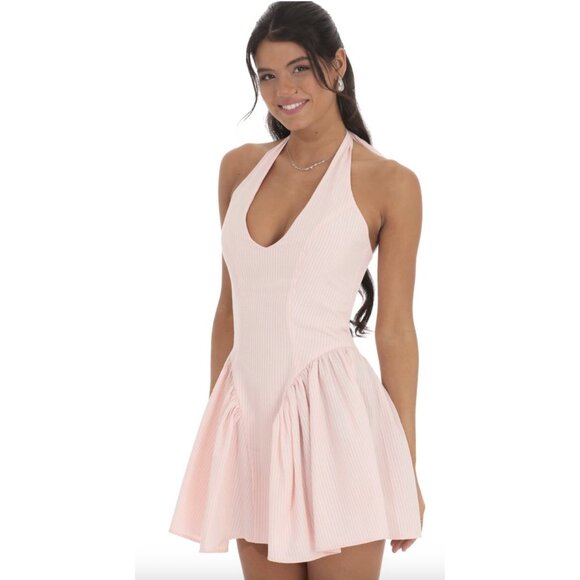 LUCY IN THE SKY Striped Crinkle Halter Dress in Pink Cocktail Pastel - Size M - Picture 1 of 15